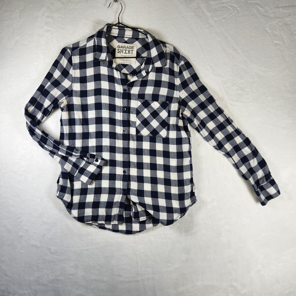 Garage Shirt Relaxed Fit Button Down‎ Flannel Plaid Shirt Medium White Blue Top